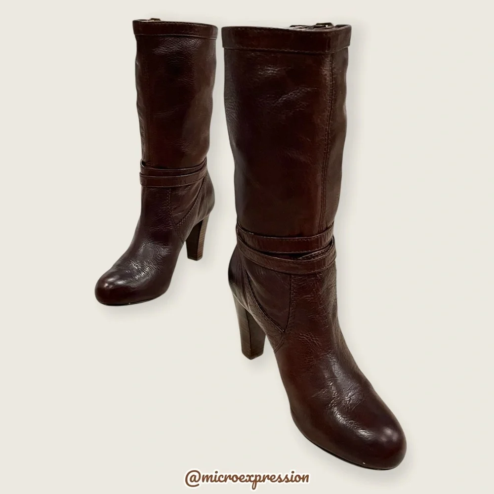 $369 Frye Miranda Slouch Mid Calf Brown Leather Casual Formal Stiletto Booties - Picture 2 of 12